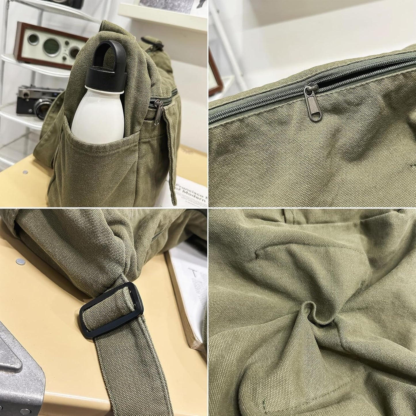 Canvas Messenger Bag for Women Hobo Crossbody Shoulder Bag Vintage Satchel Tote Handbag with Multiple Pockets