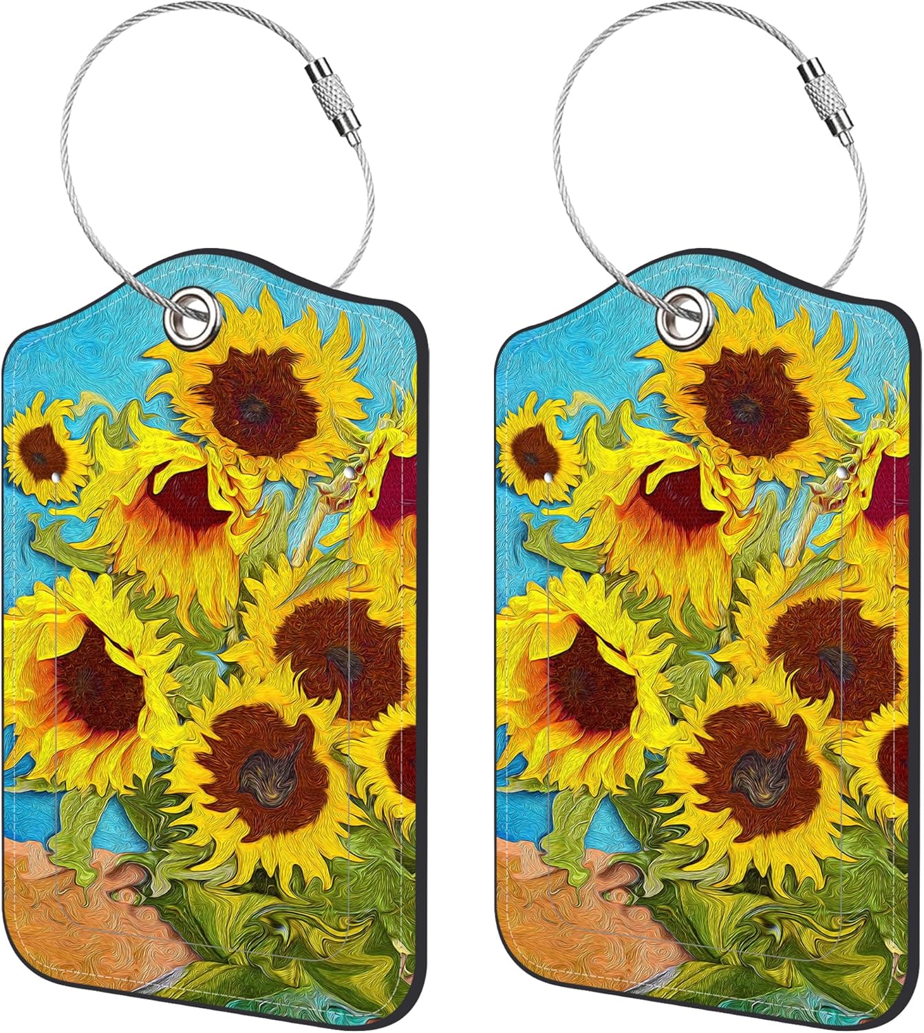 2 Pack Luggage Tags for Suitcase,Sunflowers Oil Painting PU Leather Idea Baggage Tag with Name Labels Privacy Cover Metal Ring Men and Women Travel Cruise Labels