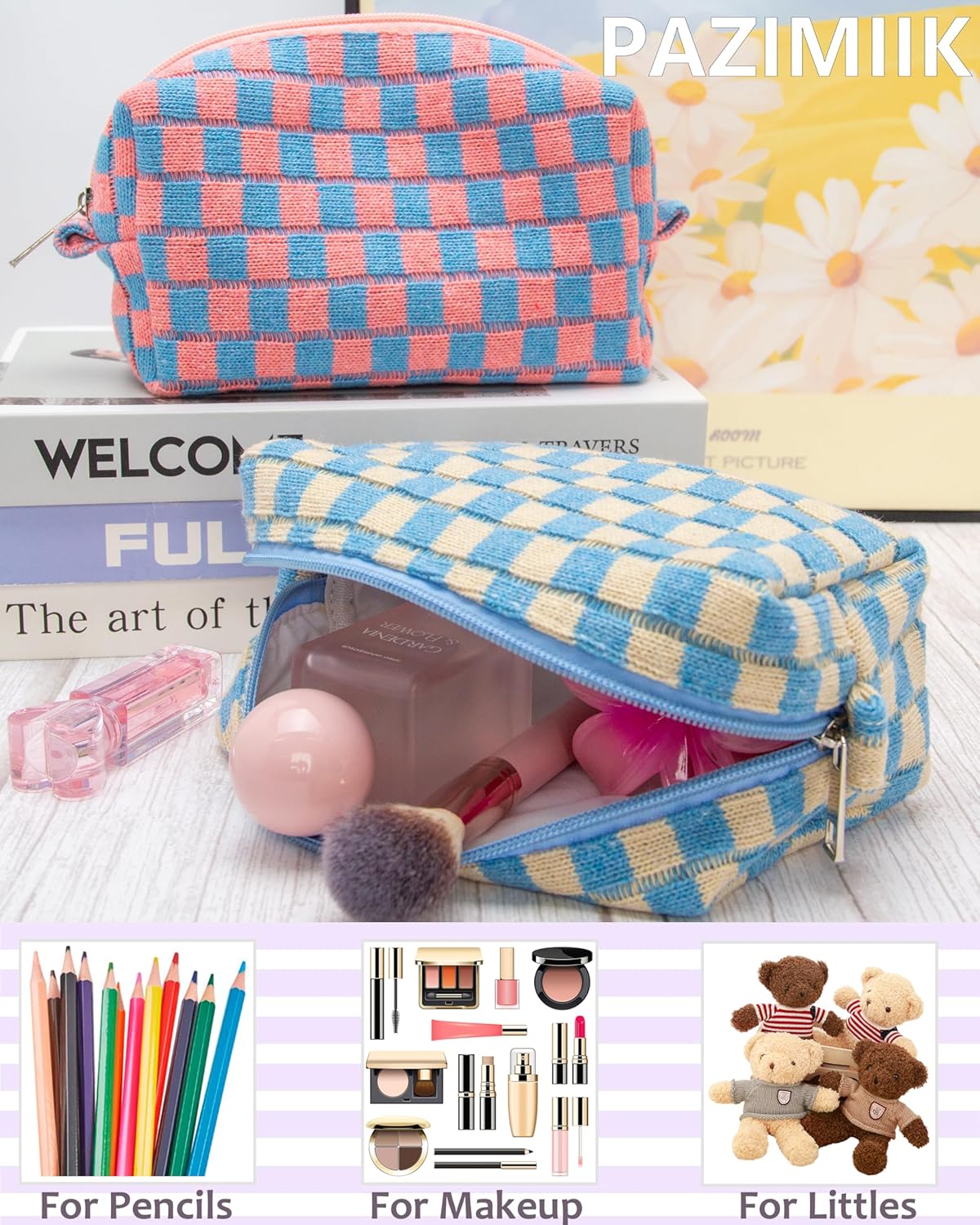 PAZIMIIK 2PCS Checkered Makeup Bag for Purse Portable Zipper Make Up Pouch Small Cosmetic Case for