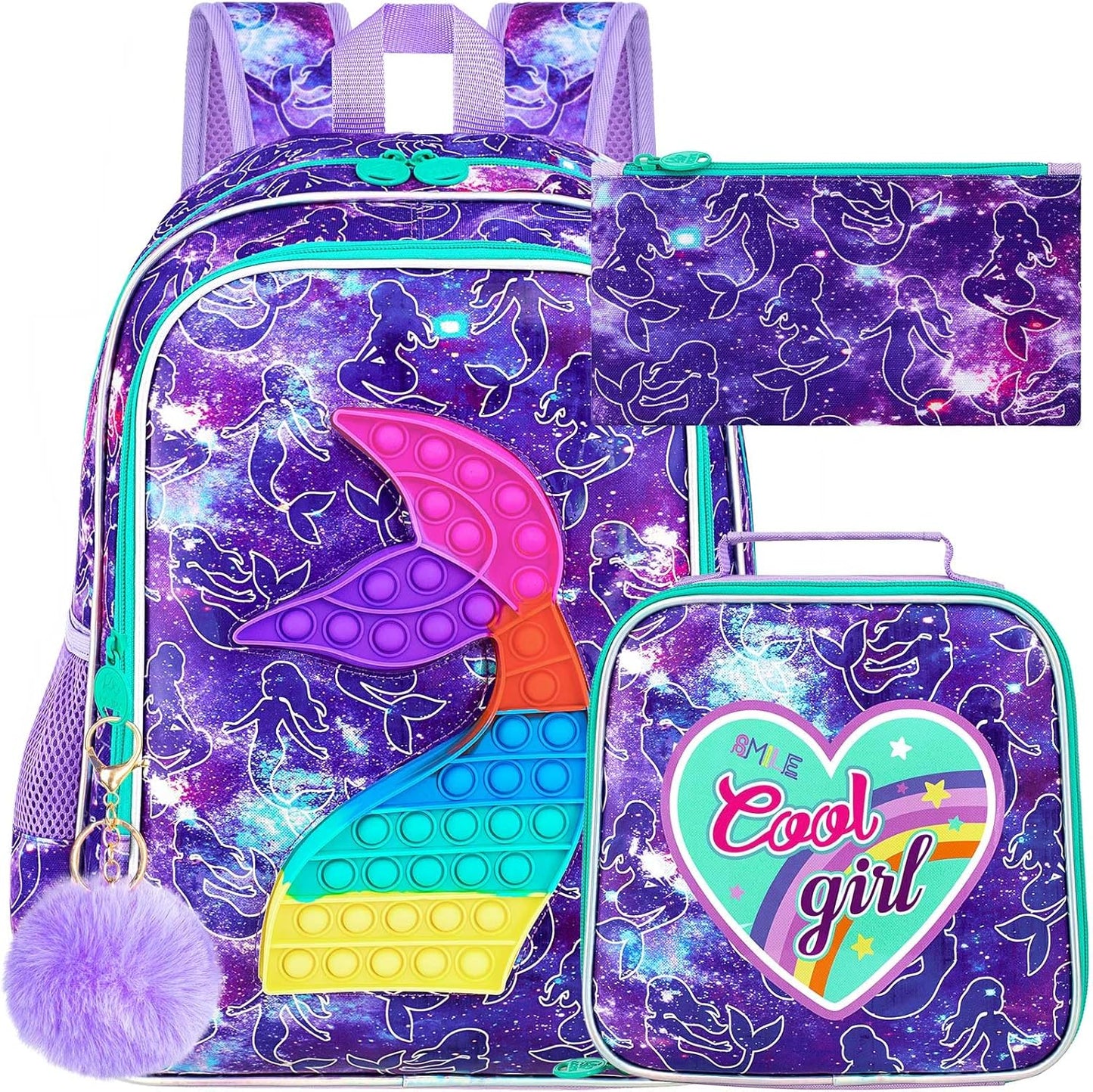 CCJPX 3PCS Mermaid Backpack for Girls, 16”Kids Water Resistant Elementary Preschool Kindergarten