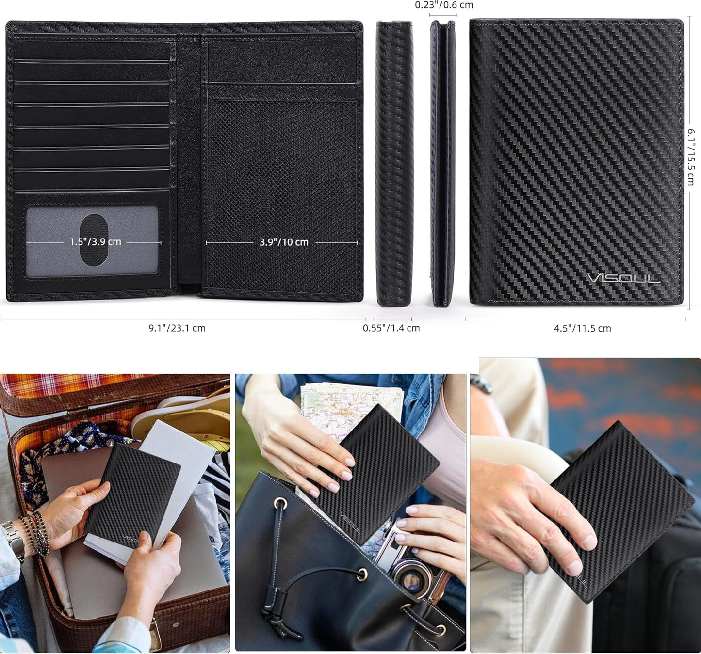 VISOUL Leather Travel Wallet with Passport Holder, Passport Cover Wallet with RFID Blocking for Men and Women-Carbon Black