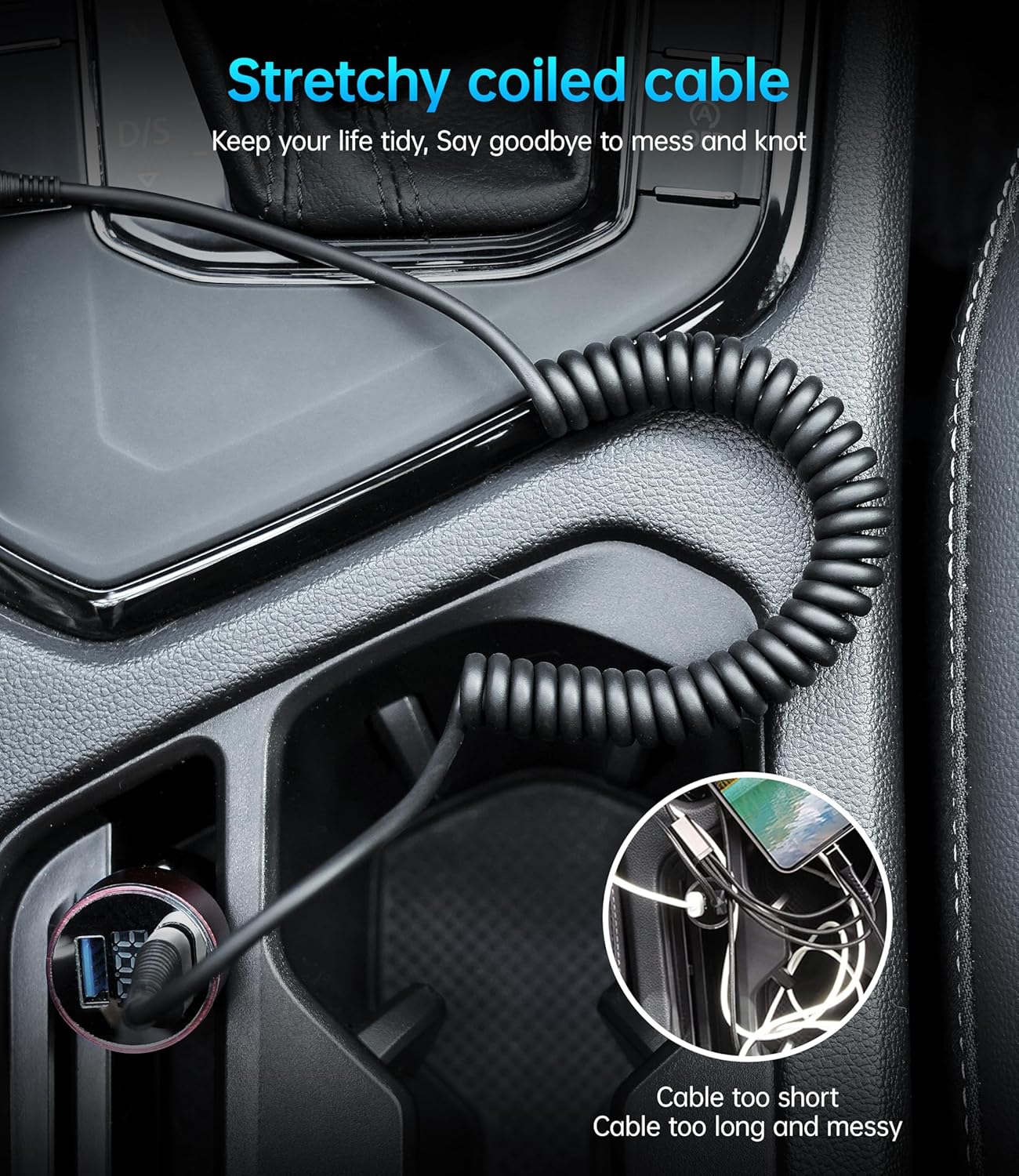 Coiled USBC to USBC Cables for Car 3FT/5FT, USB C to USB C Fast Charging Cables Short Type C Cord for iPhone 17/16/15/Pro/Plus/Pro Max/Samsung Galaxy S23, Compatible All Type C Devices-Silver 2Pack