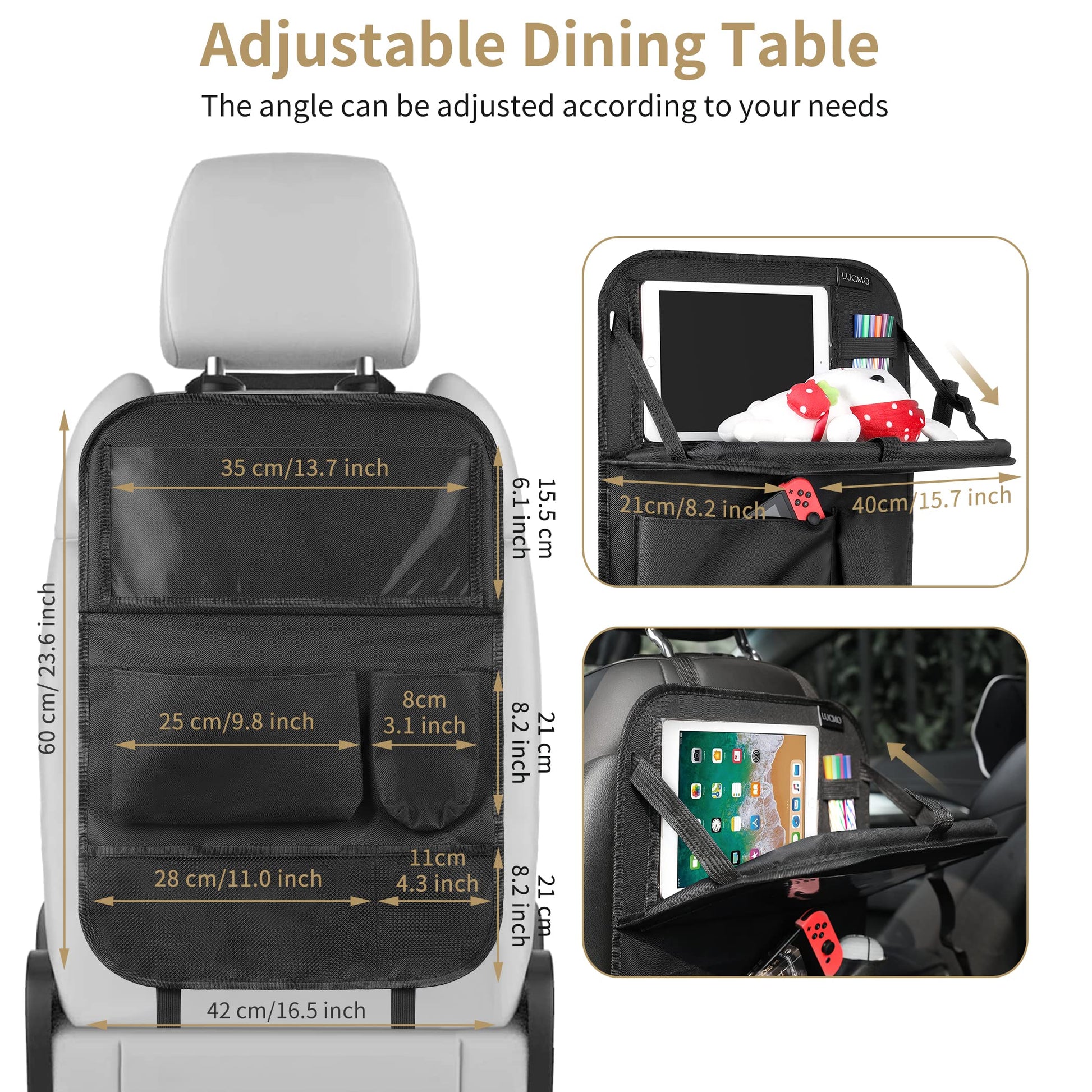 LUCMO Car Backseat Organizer with Foldable Tablet Holder, Black