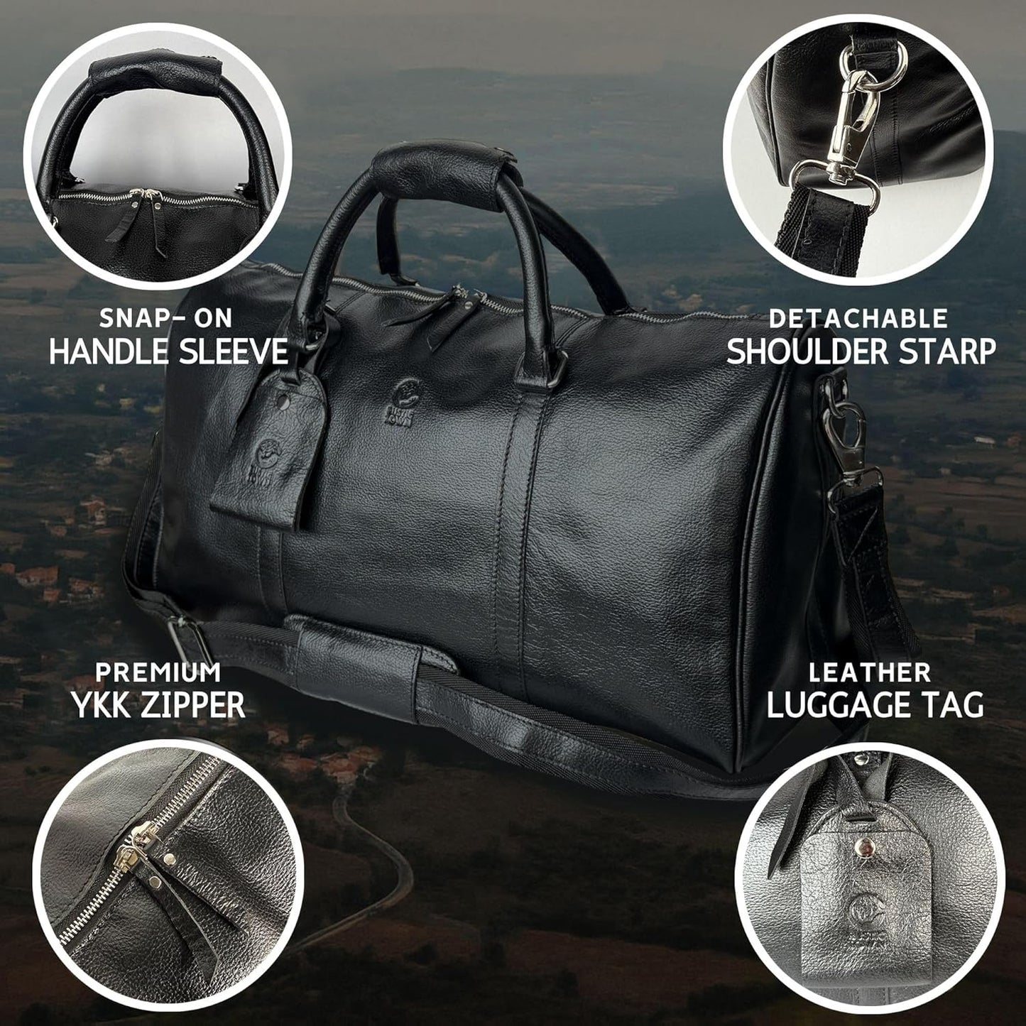 Leather Duffle Bag for Men - Full Grain Leather Travel Bag - TSA Approved Carry On Weekender Overnight Duffel Bag (Black, 20 inch)