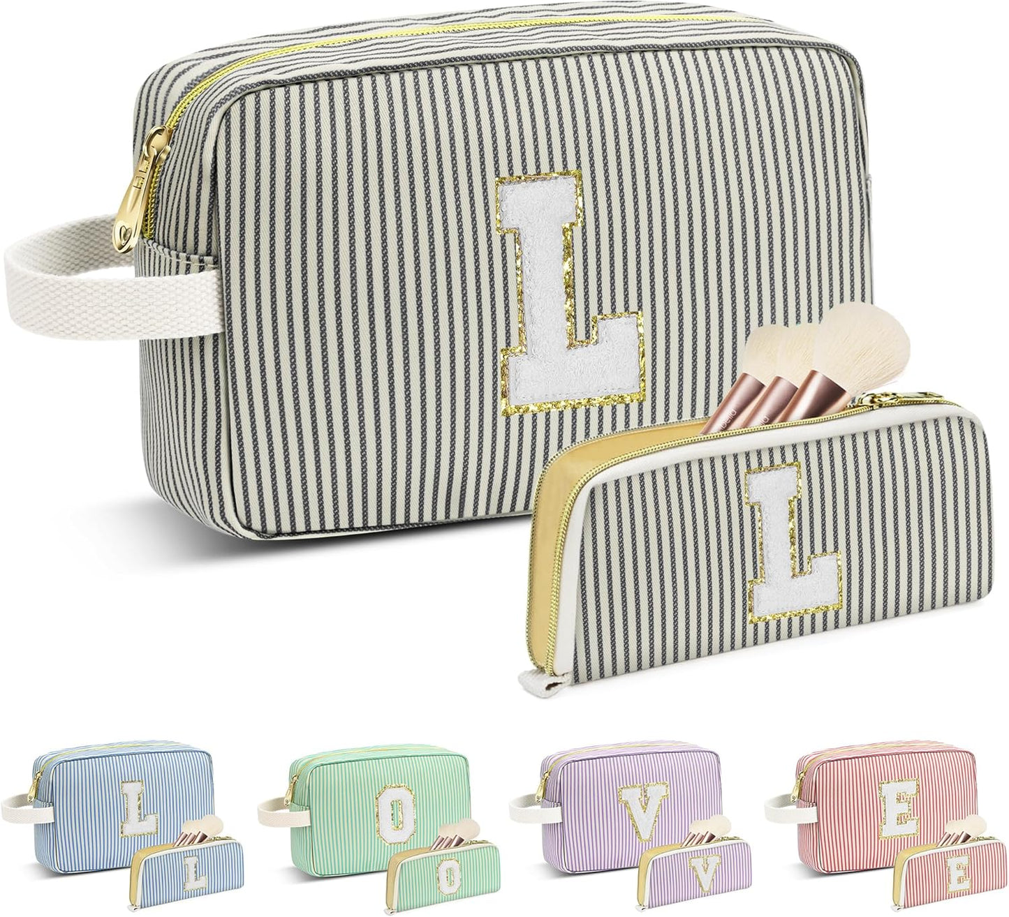Travel Makeup Bag Christmas Gifts for Women Girl Teens, Personalized Initial Makeup Bag for Cute Teen Girls, Preppy Stuff Toiletry Bag Cosmetic Bag, Teen Girls Gift Trendy Stuff, Letter L