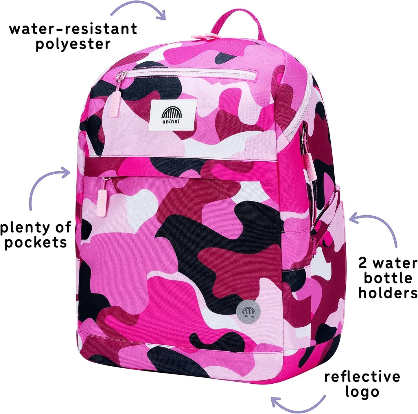 uninni 16" Kid's Backpack for Girls and Boys Age 6+ with Padded, and Adjustable Shoulder Straps. Fits for Height 3'9" Above Kids (Camouflage Fuchsia/Pink)