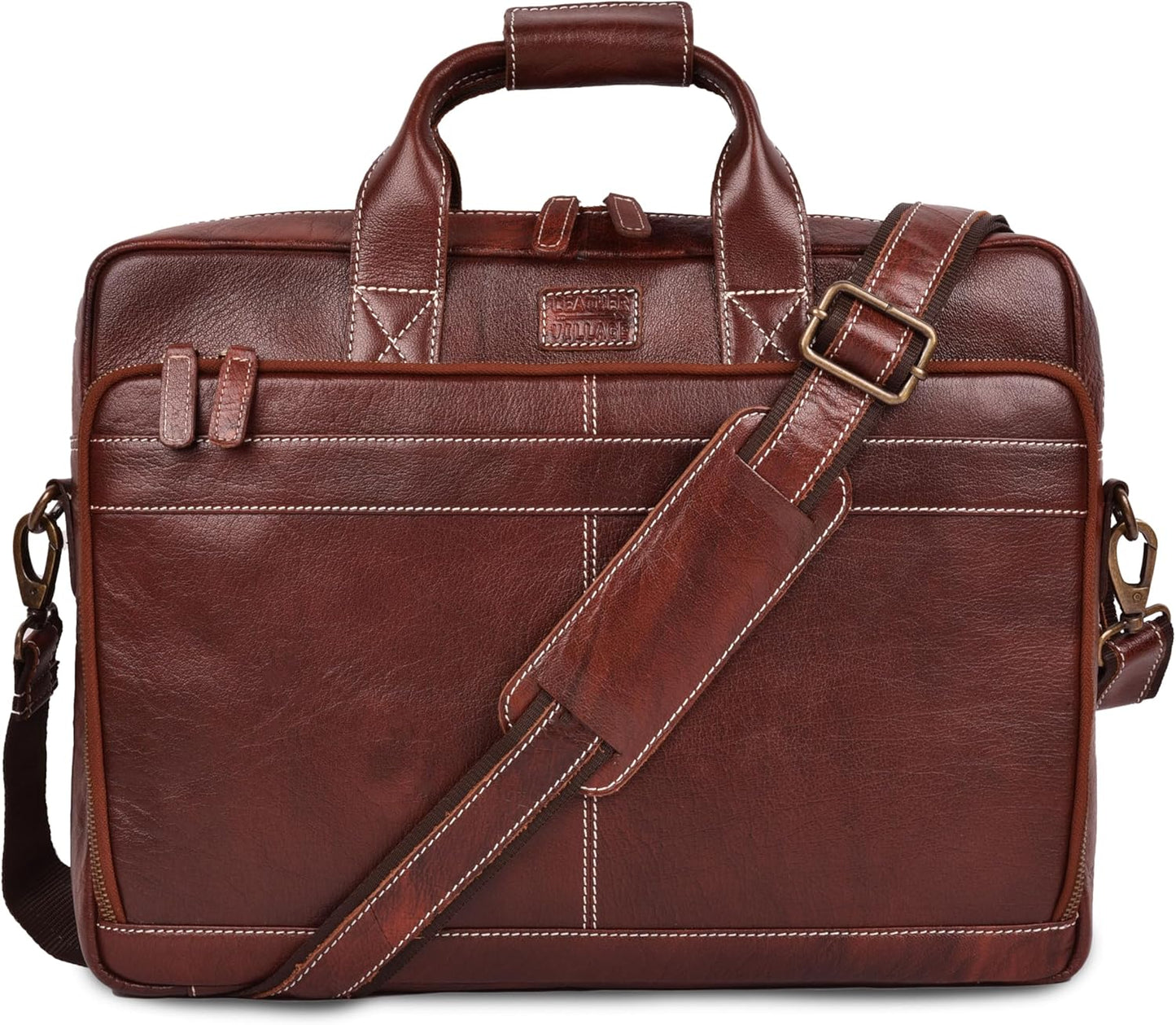 LEATHER VILLAGE 18" Leather Laptop Messenger Briefcase Bag for Men-Leather Satchel for Travel and Office Shoulder Bag-Red Brown