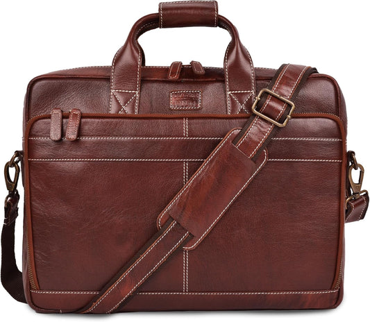 LEATHER VILLAGE 18" Leather Laptop Messenger Briefcase Bag for Men-Leather Satchel for Travel and Office Shoulder Bag-Red Brown