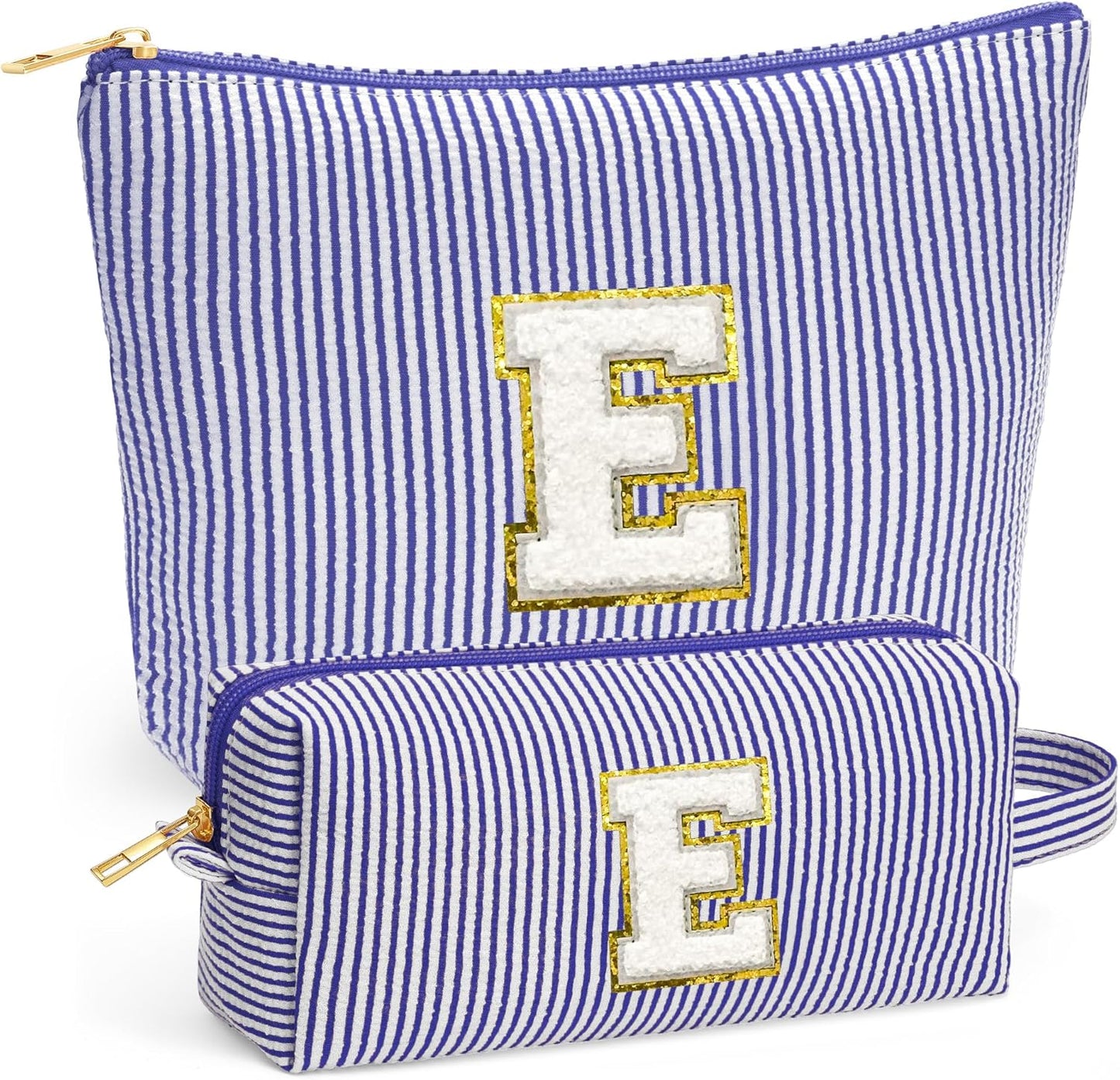 Initial Makeup Bag Set - Cute Blue Stuff for Women, Makeup Pouch Cosmetic Bag Small Makeup Bag for Purse, Travel Essentials Toiletry Bag for Women Birthday Gifts, Blue Letter E