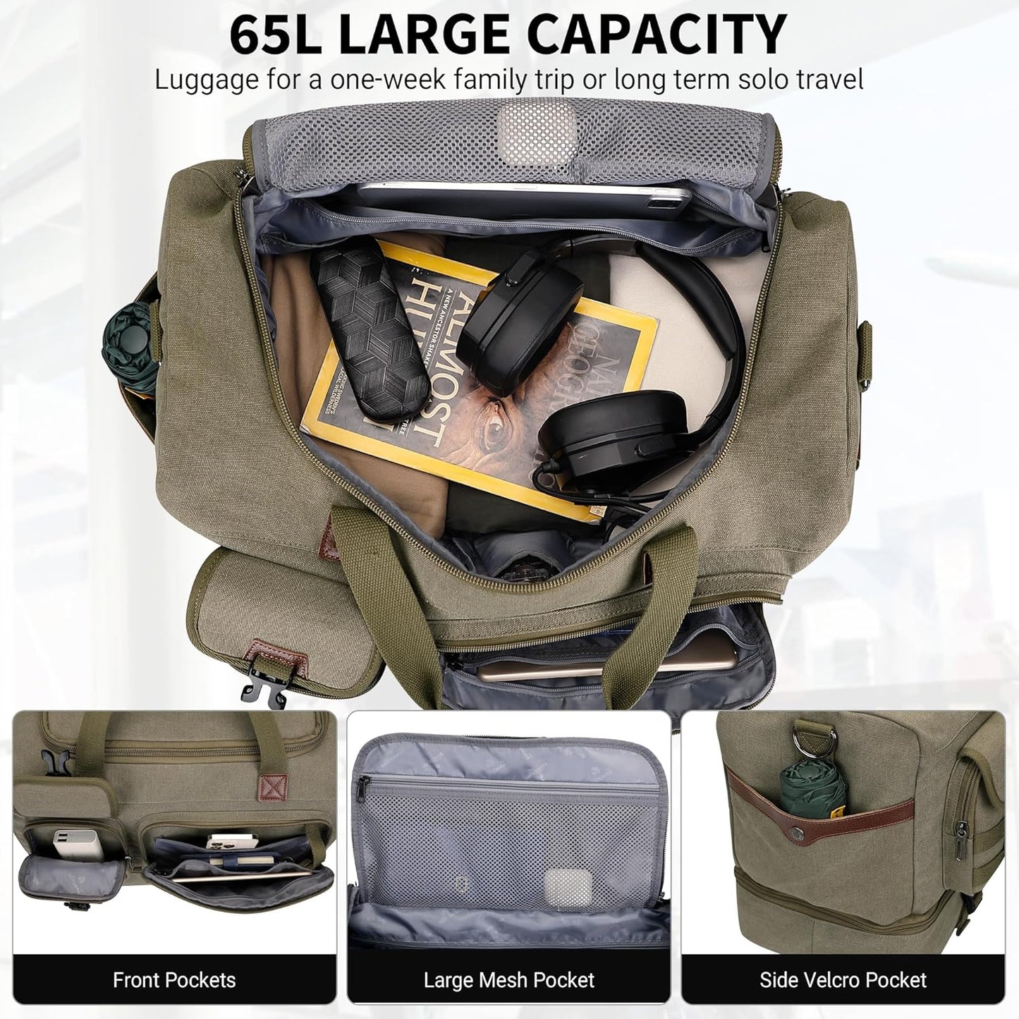 WITZMAN Duffle Bag for Men 50L Canvas Weekender Overnight Bag with Toiletry Bag Sets Travel Duffel Bag Shoes Compartment(A8010-2 Army Green)