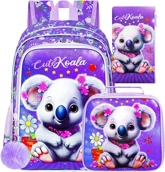 CCJPX 3PCS Backpack for Girls, 16" Koala Preschool Bookbag with Lunch Box，Kids Water Resistant School Backpacks for Elementary Kindergarten