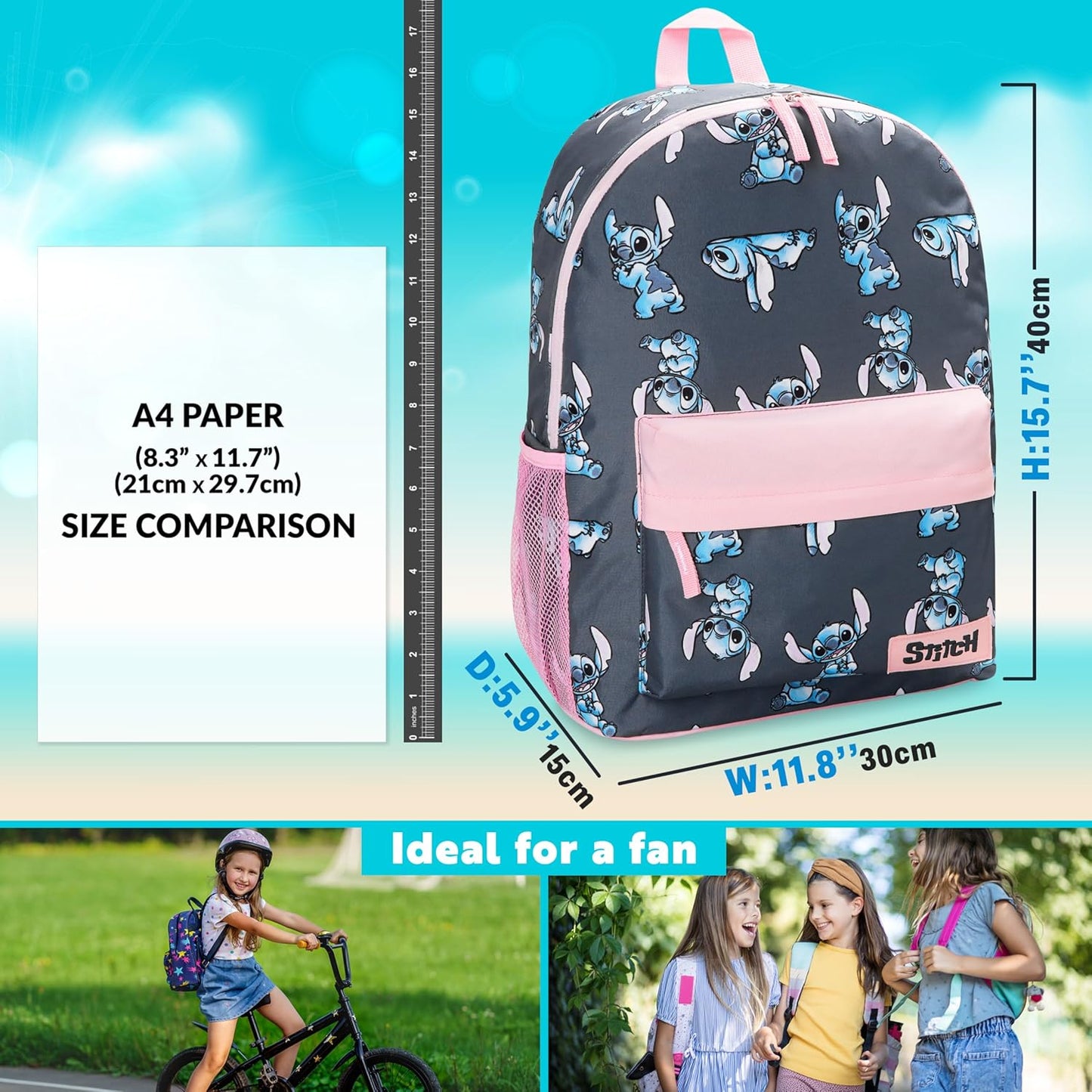 Disney Stitch Backpack for Girls Teens School Bag Kids Book Bag School Supplies Gifts (Navy/Pink)