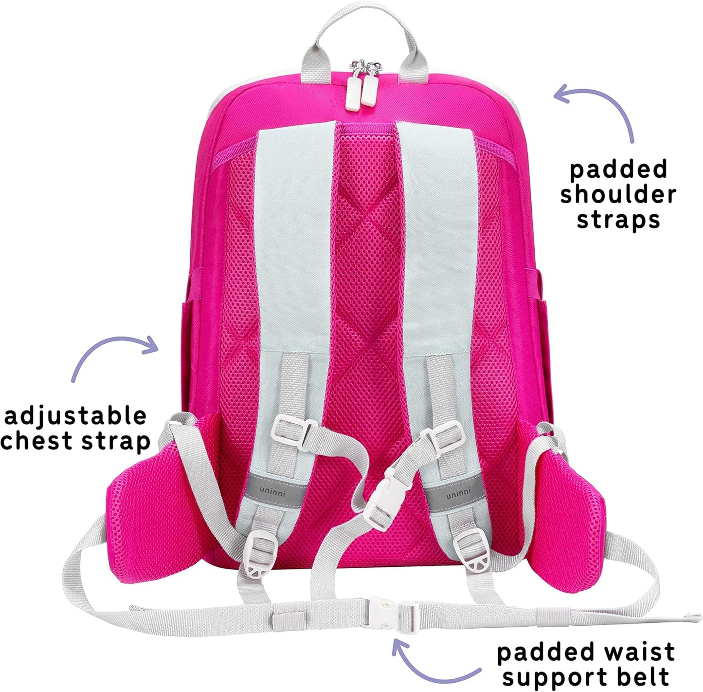 uninni 16" Kid's Backpack for Girls and Boys Age 6+ with Padded, and Adjustable Shoulder Straps. Fits for Height 3'9" Above Kids (Color Block Fuchsia/Green)