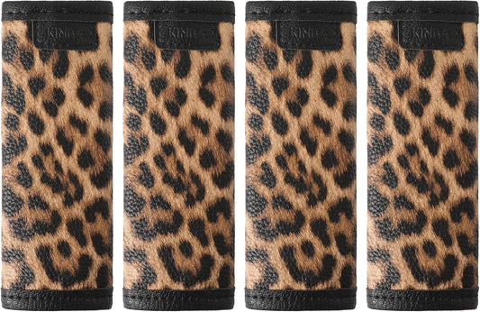 KINIVA Leather Luggage Handle Wrap 4 Pack Set,Luggage Identifiers Tags Markers for Luggage Suitcase,Travel Accessories(leopard-4pcs)