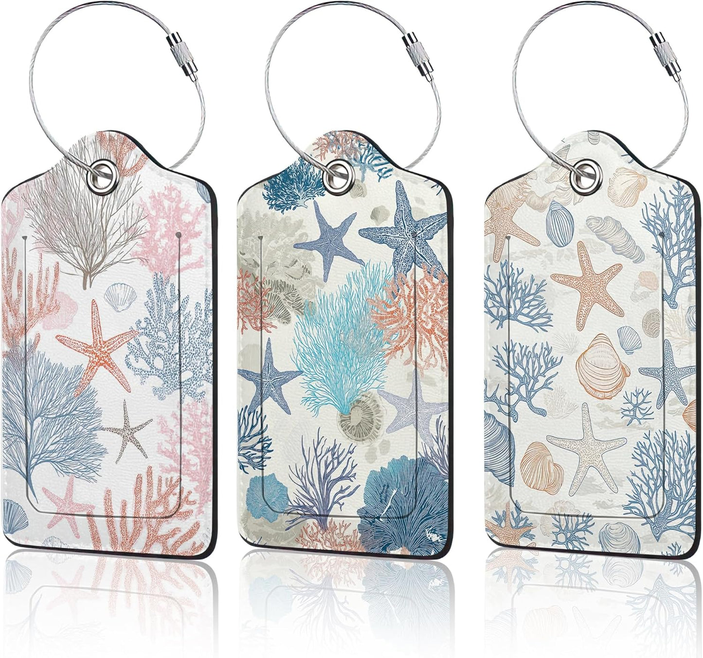 3 PCS Beach Seashell Coral Starfish Luggage Tags,Suitcase Tags Privacy Cover ID Label with Stainless Steel Loop and Address Card for Travel Bag Suitcase