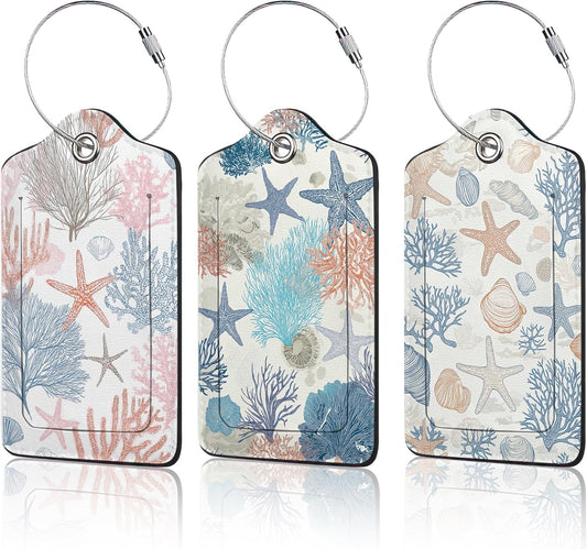 3 PCS Beach Seashell Coral Starfish Luggage Tags,Suitcase Tags Privacy Cover ID Label with Stainless Steel Loop and Address Card for Travel Bag Suitcase