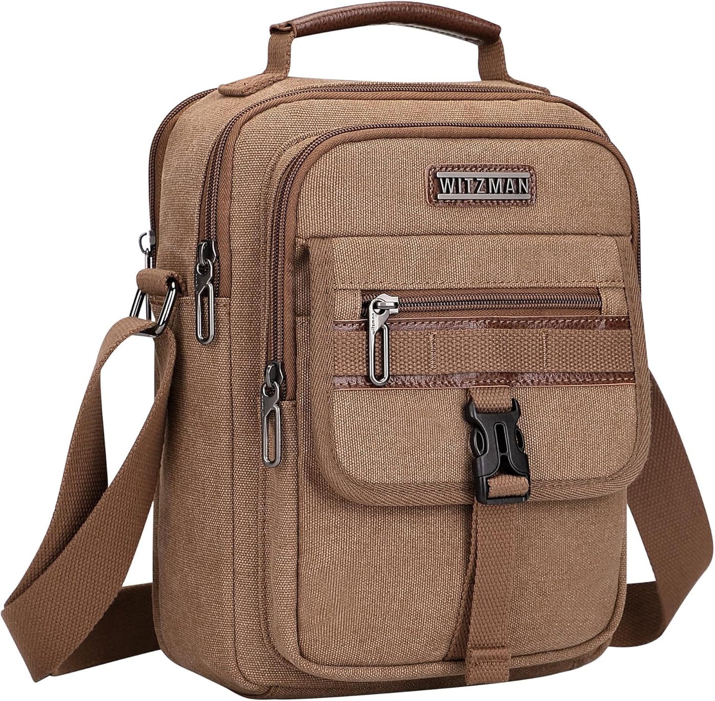 WITZMAN Crossbody Bag for Men Canvas Messenger Bags Vintage Man Purse Small Casual Shoulder Bag for Work Traveling（A8014 Brown）