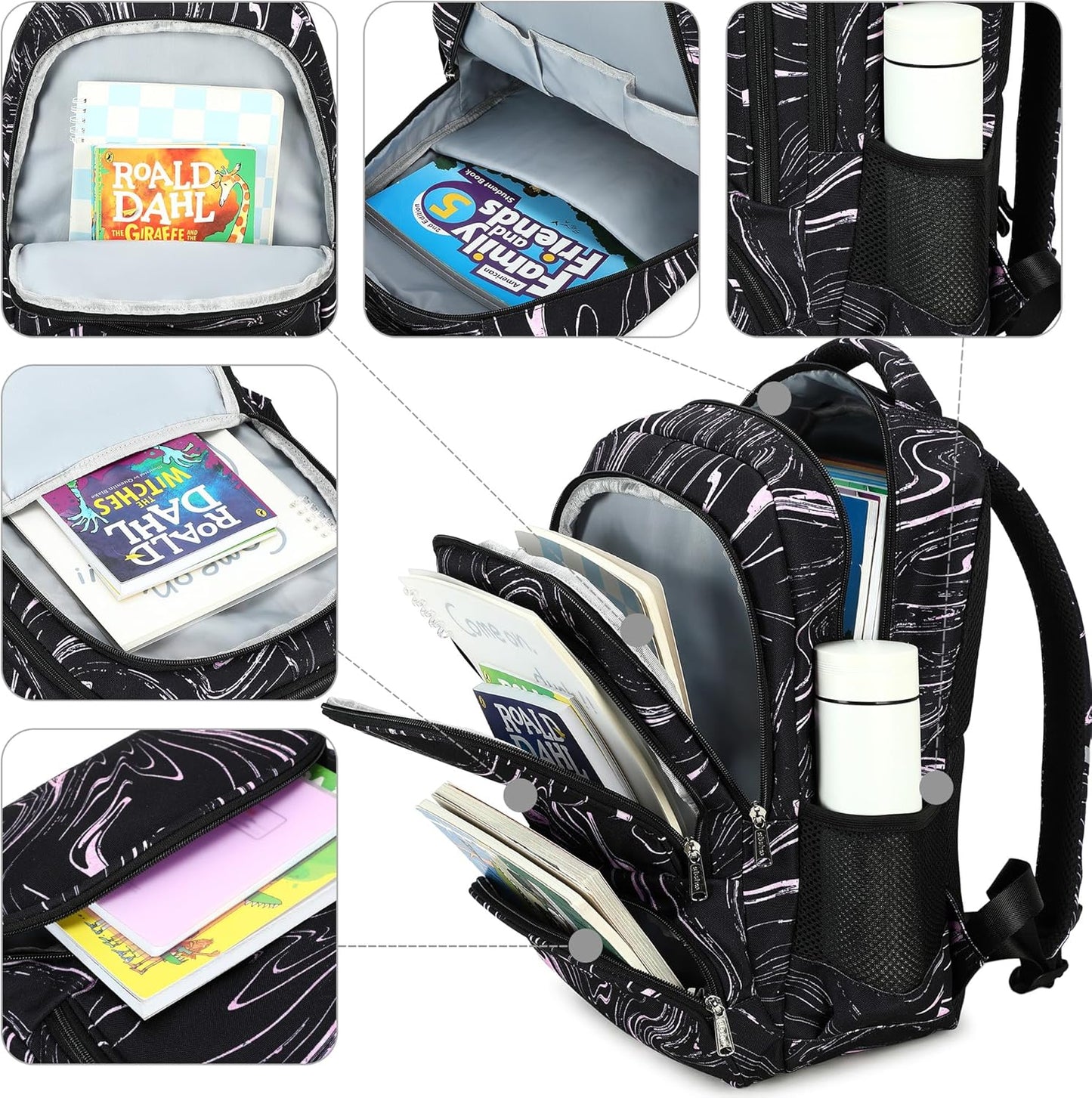 abshoo Lightweight Kids Backpack For School Girls Teens Bookbag Kindergarten Elementary School Bags (Marble Black)