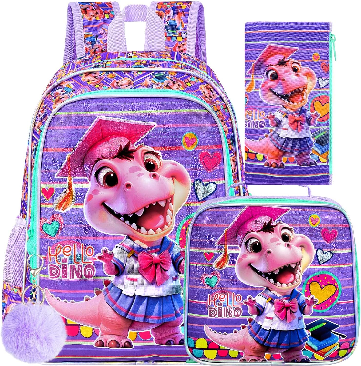 3PCS Girls Dinosaur Backpack, 16" Kids Bookbag with Lunch Box, Water Resistant Elementary Prechool