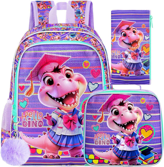 3PCS Girls Dinosaur Backpack, 16" Kids Bookbag with Lunch Box, Water Resistant Elementary Prechool Toddler Shool Bag - Purple Dr. Dinosaur
