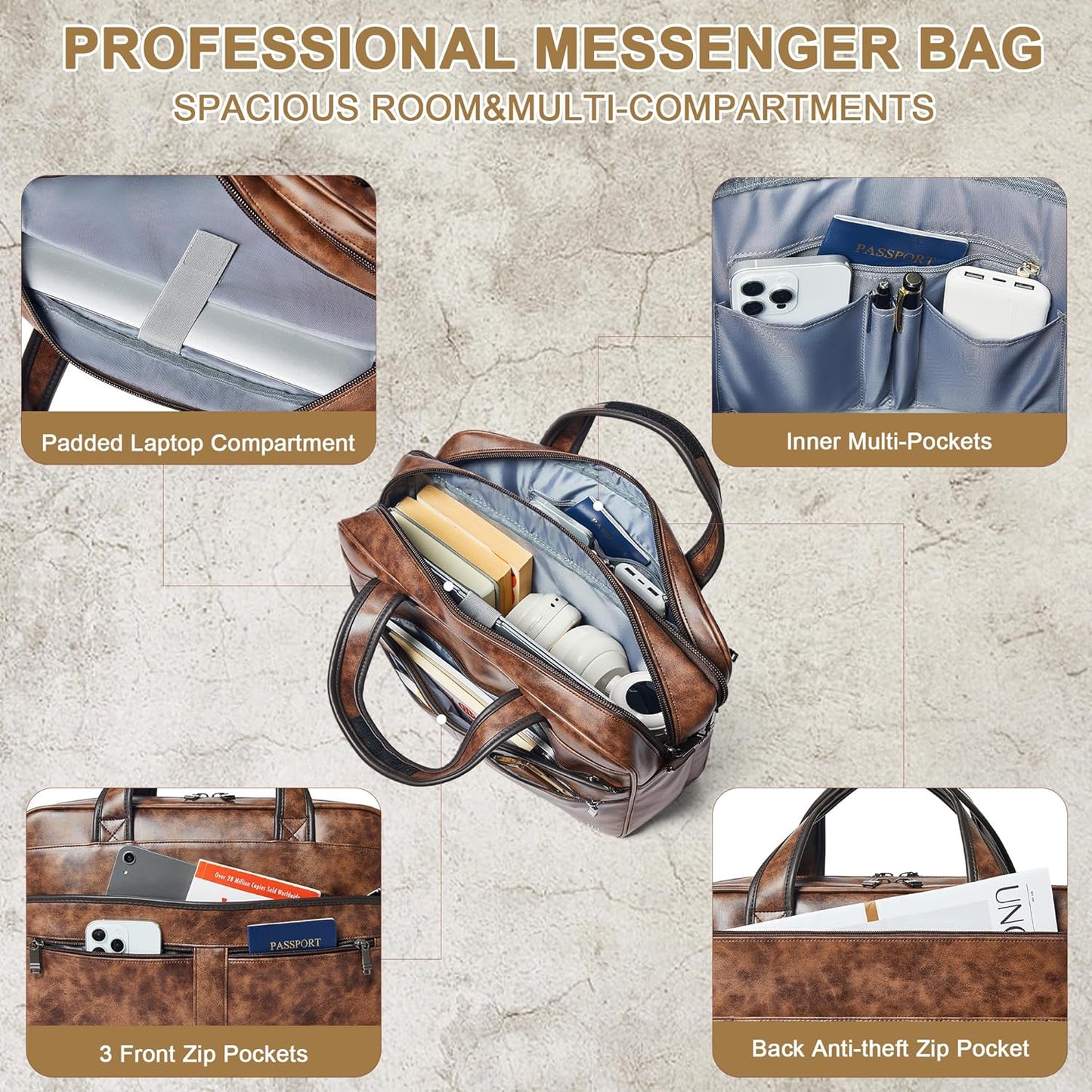 Shrrie Leather Messenger Bag for Men&Women 16 inch Laptop Bag,Water-Resistant Retro Leather Briefcase for Men Business,Work