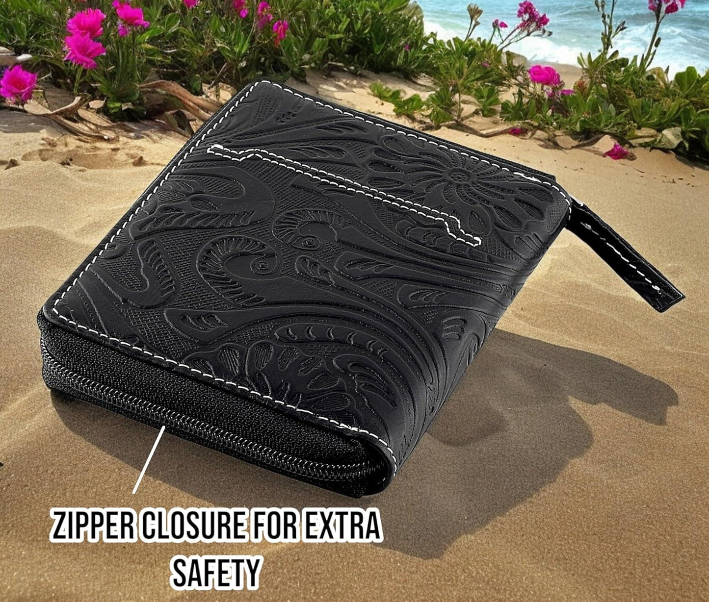 Passport Wallet - Travel Document Holder w/RFID Blocking – Full Grain Leather – Bifold compact zip around Wallet with Credit Card Slots for Women and Men, black floral,500-40