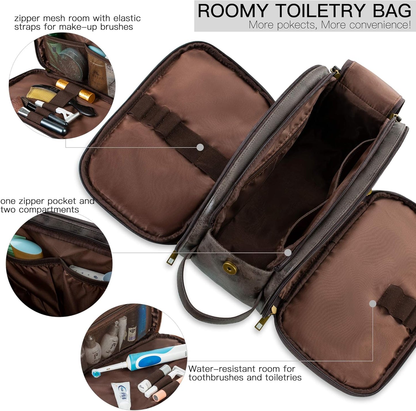 Elviros Toiletry Bag for Men, Large Travel Shaving Dopp Kit Water-resistant Bathroom Toiletries Organizer PU Leather Cosmetic Bags