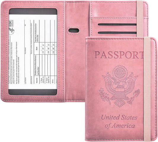 HerriaT Passport and Vaccine Card Holder Combo,Cover Case with CDC Vaccination Card Slot, Leather Travel Documents Organizer Protector, with RFID Blocking, for Women and Men