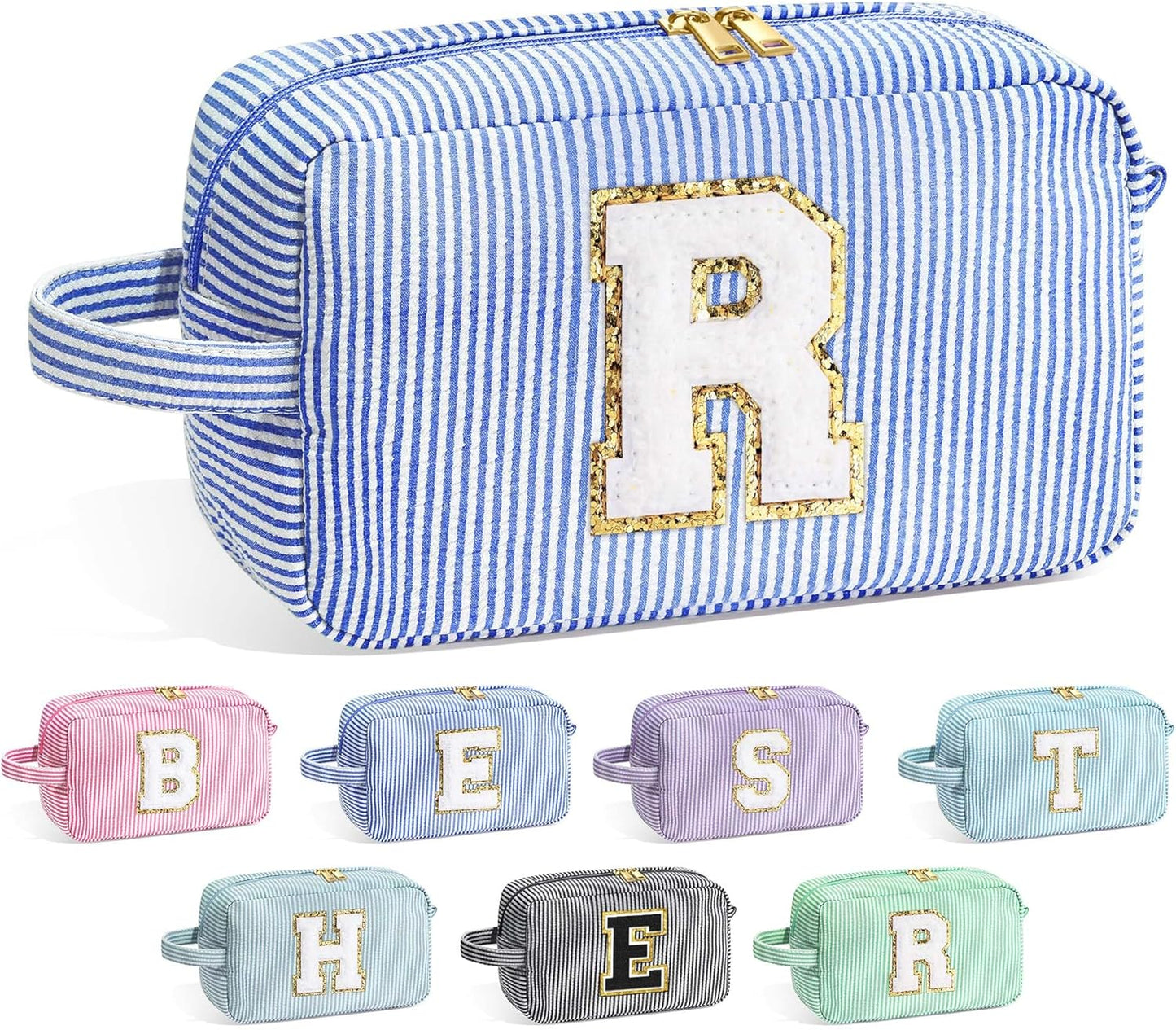 YOOLIFE Initial Makeup Bag for Teen Girls Women - Monogram Cute Large Blue Makeup Bags Cosmetic Toiletry Pouch for Her Friends Mom Sister Teacher, Personalized Birthday Gifts for Women R