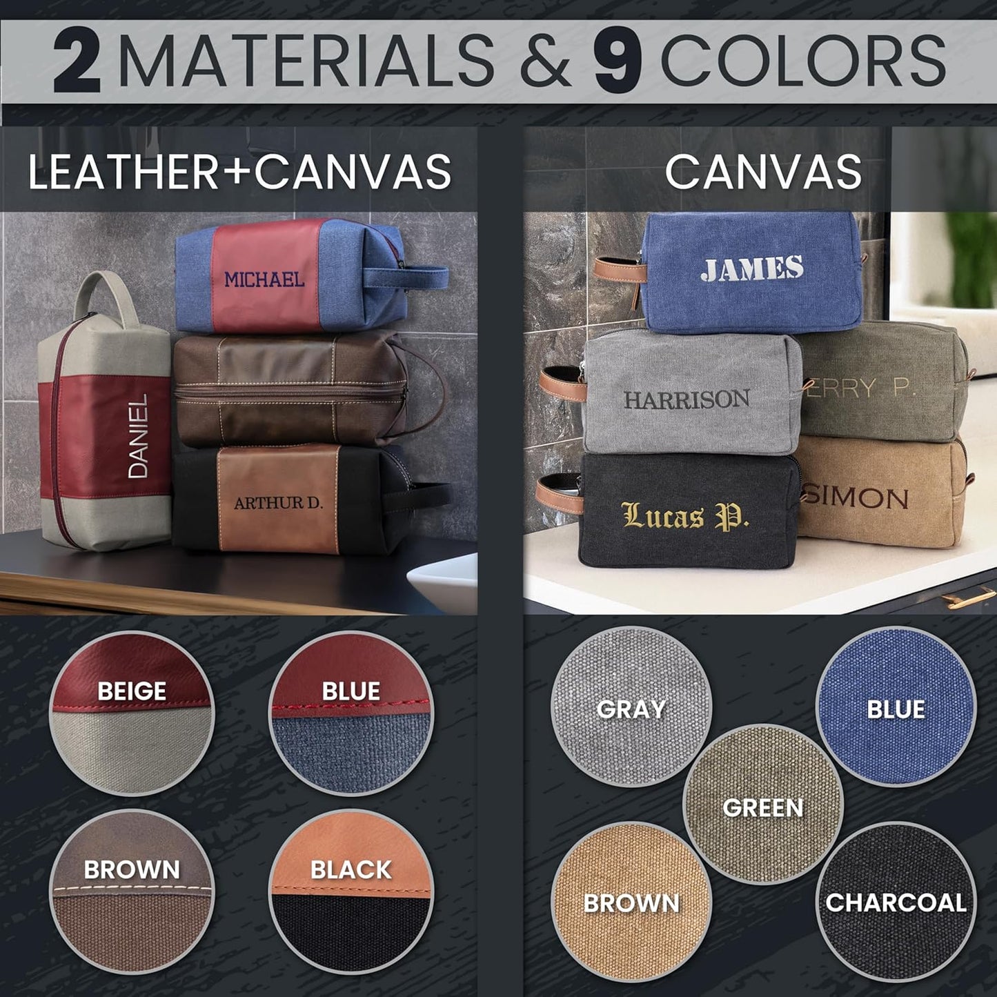 Personalized Gifts for Men - Embroidered Custom Toiletry Bags for Men, 4 Canvas & Leatherette Colors & 10 Thread Colors - Groomsmen Gifts