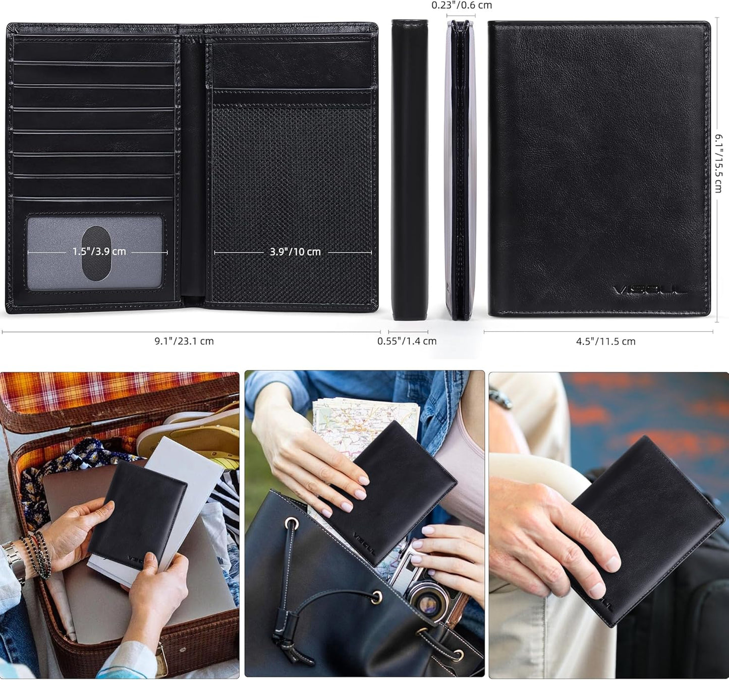 VISOUL Leather Travel Wallet with Passport Holder, Passport Cover Wallet with RFID Blocking for Men and Women-Black