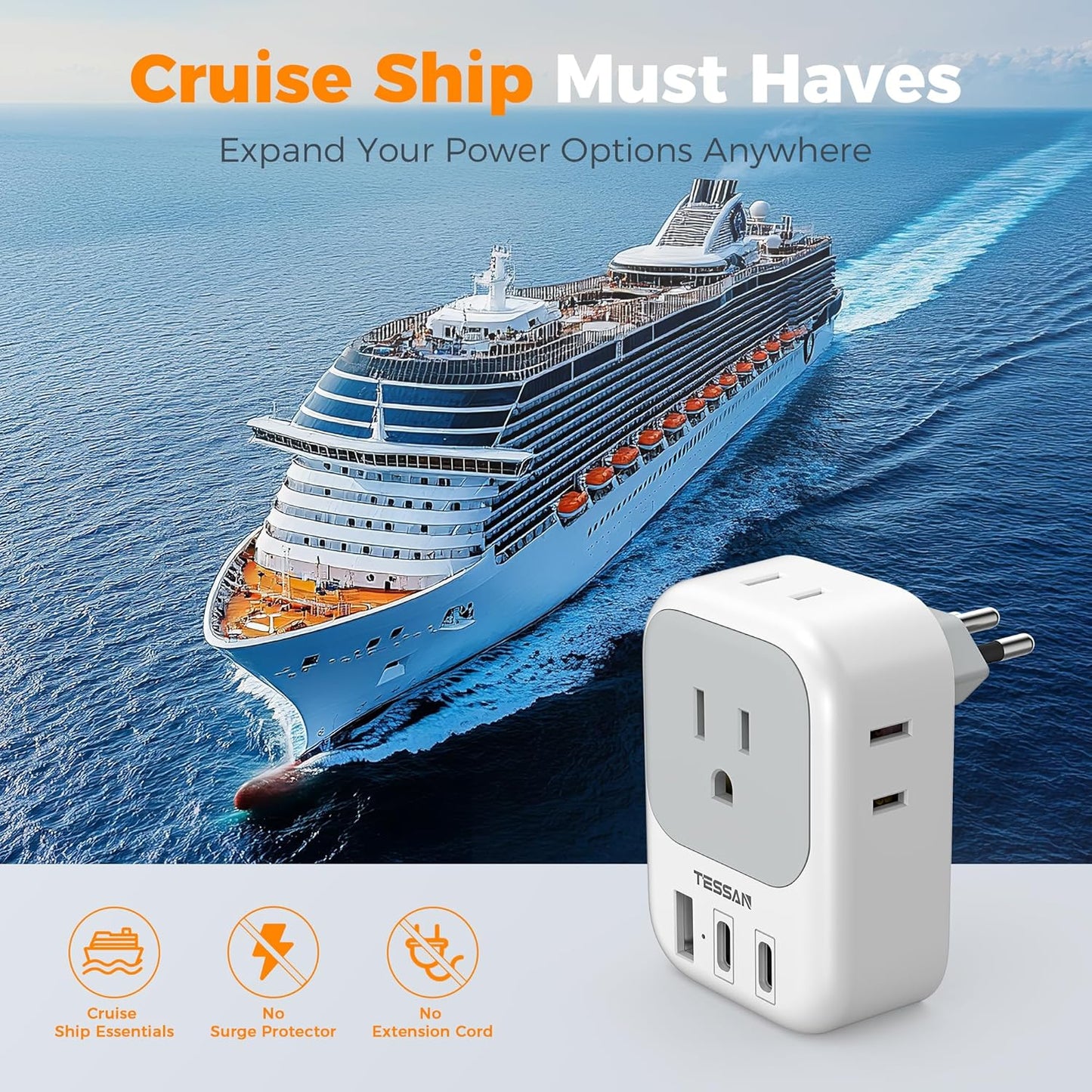 TESSAN Brazil Power Adapter, 7 in 1 US to Brazil Adapter Plug with 3 USB Ports (2 USB C) 4 American Outlets, Type N Travel Adaptor for USA to Brazilian Brasil