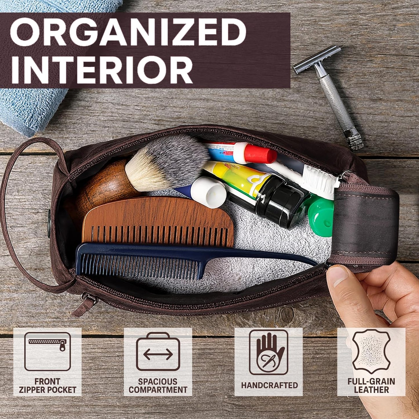RUSTIC TOWN Buffalo Leather Toiletry Bag : Vintage Travel Shaving & Ditty Kit : for Toiletries, Cosmetics & More : Spacious Interior & Waterproof Lining : Compact, Fits Easily in Luggage