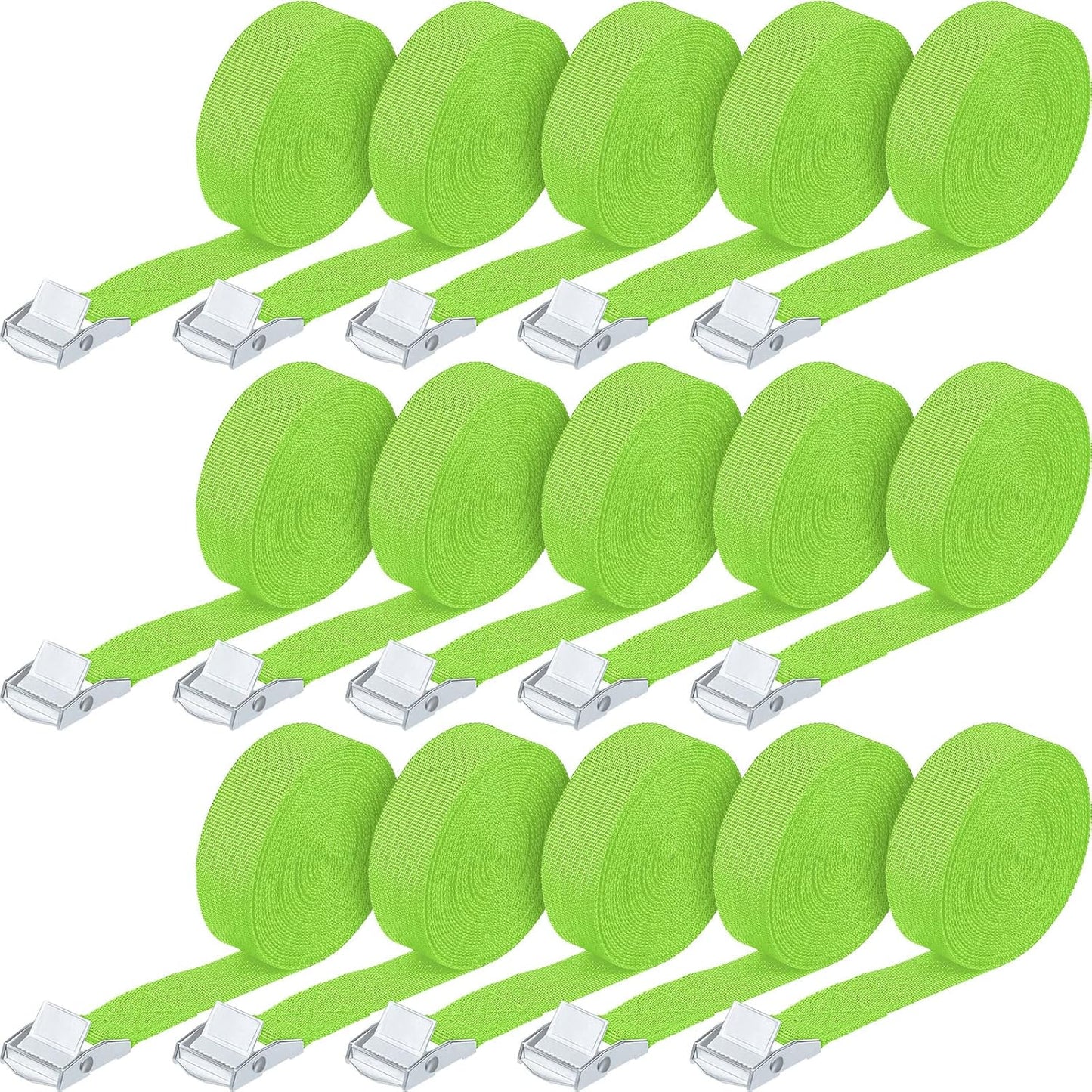 Riakrum 15 Pack 16 Feet Lashing Straps Adjustable Kayaks Tie Down Cam Buckle Straps with Buckles up to 250lbs for Cargo, Luggage, Motorcycles, Truck, Car Roof Rack, Sup Surfboard(Green)