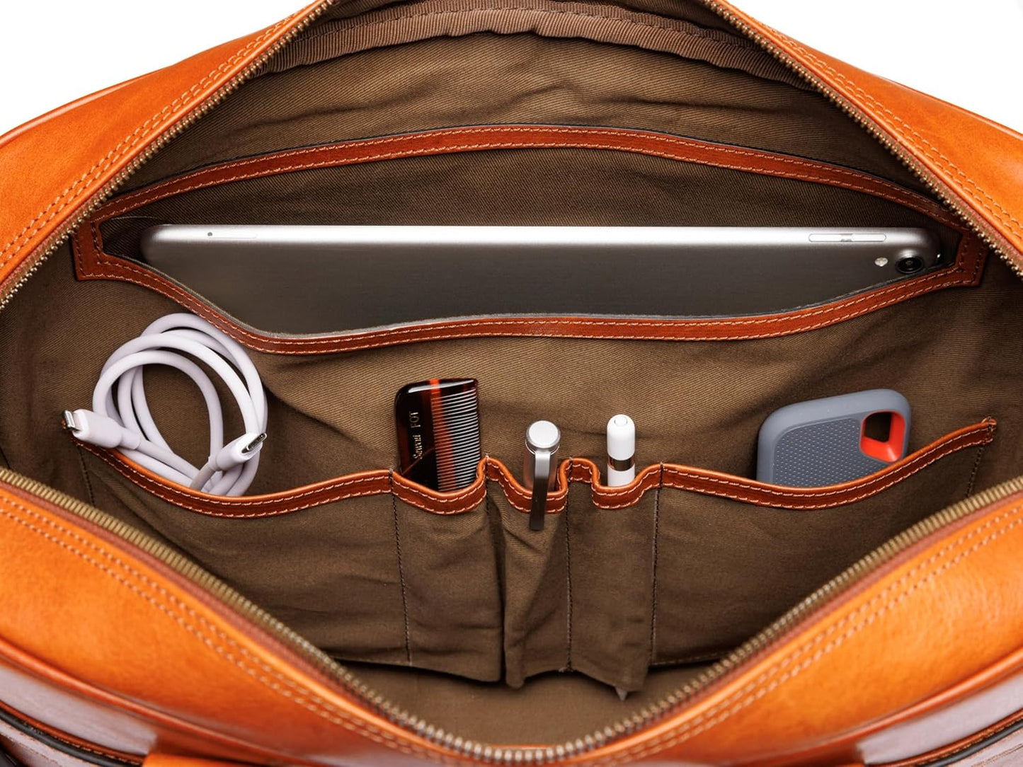 Bosca Real Leather Messenger Bag for Men - Dolce Italia Vegetable-Tanned Leather with RFID Pocket For Work & Travel - Fits 16" Laptops - Exterior Zipper Pockets, & Trolley Strap Amber Brown