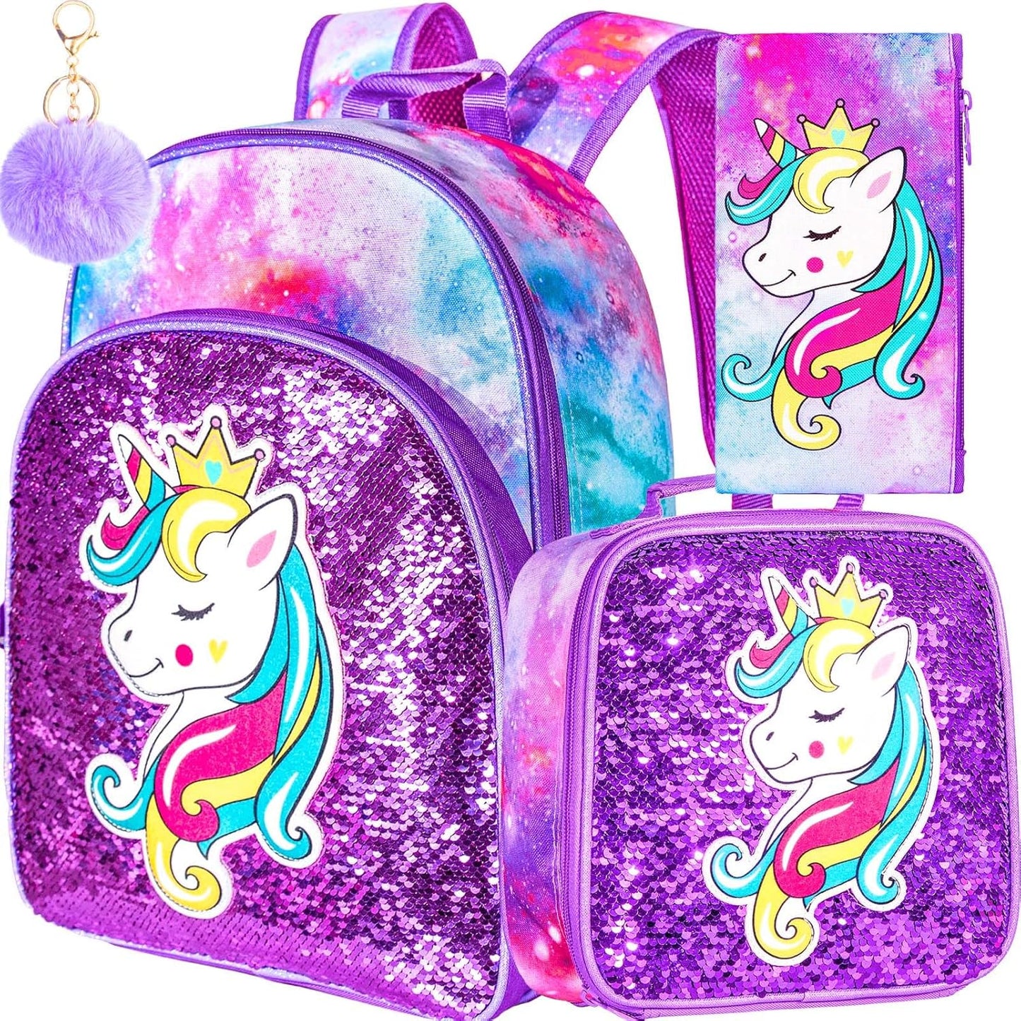 3PCS Girls Backpack, 16" Kids Sequins Unicorn Bookbag with Lunch Box, School Bags for Elementary Preschool Kindergarten - Purple