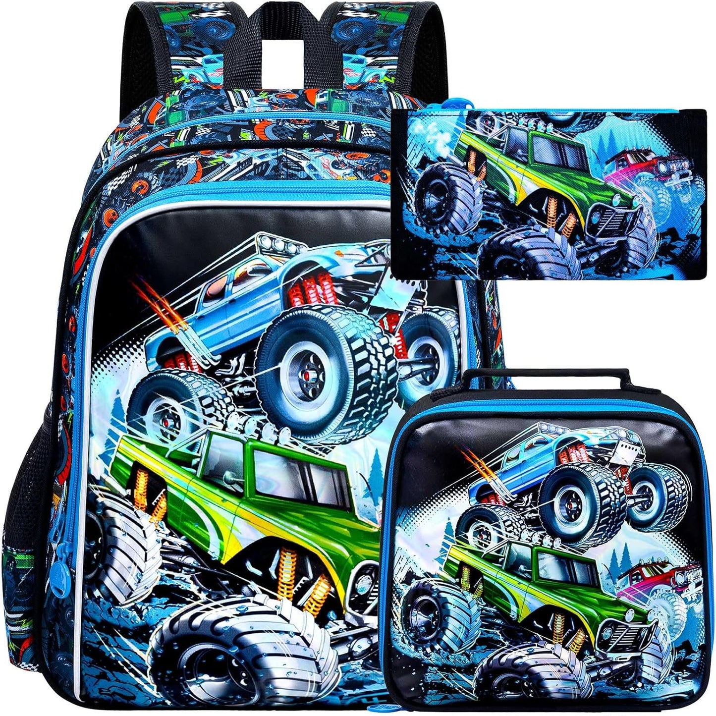 CCJPX 16" Truck Backpack for Boys, 3PCS Cars Kids Water Resistant Preschool Bookbags, Cool Kindergarten School Backpacks and Lunch Box
