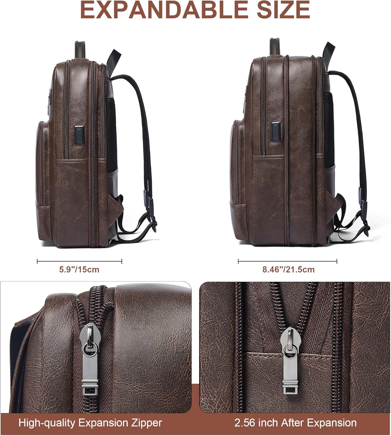 Shrrie Leather Laptop Backpack for Women and Men,28 L Travel Backpack Computer Bag Fits 16 inch Laptop,Expandable Casual Daypack with USB Charging Port for Work Business Weekender College,Coffee