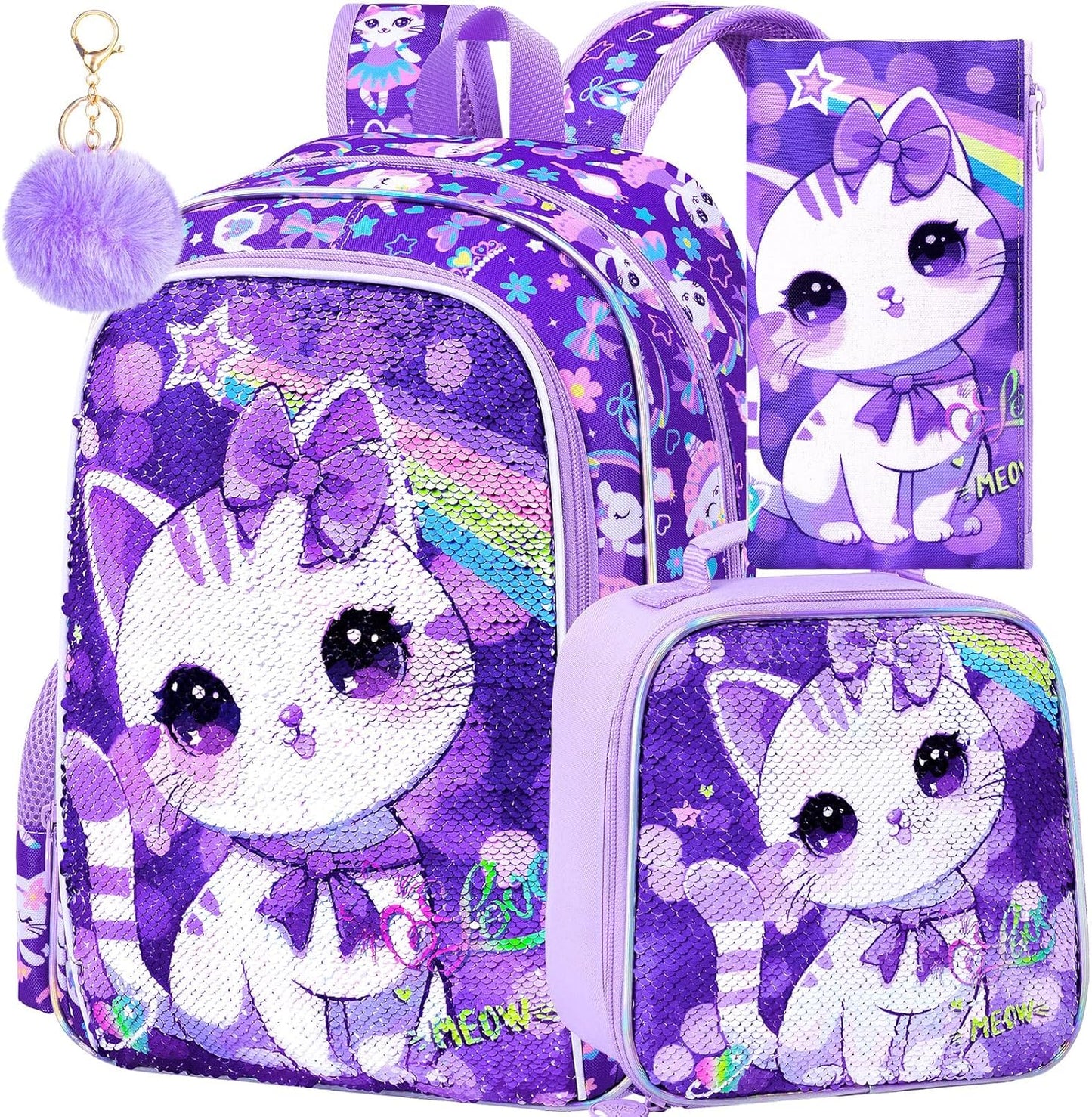 CCJPX 16" Cat Backpack for Girls, 3Pcs Kids Preschool Bookbag, Cute Water Sequin Resistant School Bag for Teen Kindergarten Toddler (Purple)