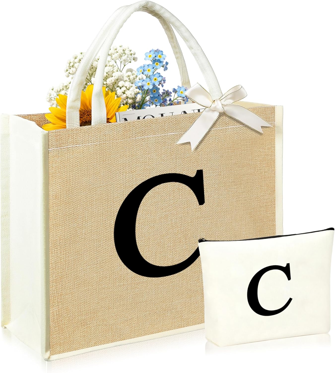 Initial Canvas Tote Bag & Makeup Bag for Women Teacher Bridesmaids，Personalized Present for Wedding, Birthday, Beach