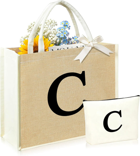 Initial Canvas Tote Bag & Makeup Bag for Women Teacher Bridesmaids，Personalized Present for Wedding, Birthday, Beach