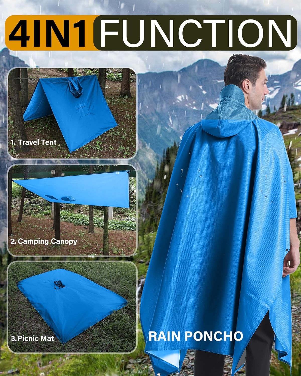 iCreek Hooded Rain Poncho Packable Unisex Raincoat Jacket with Pocket Waterproof Lightweight for