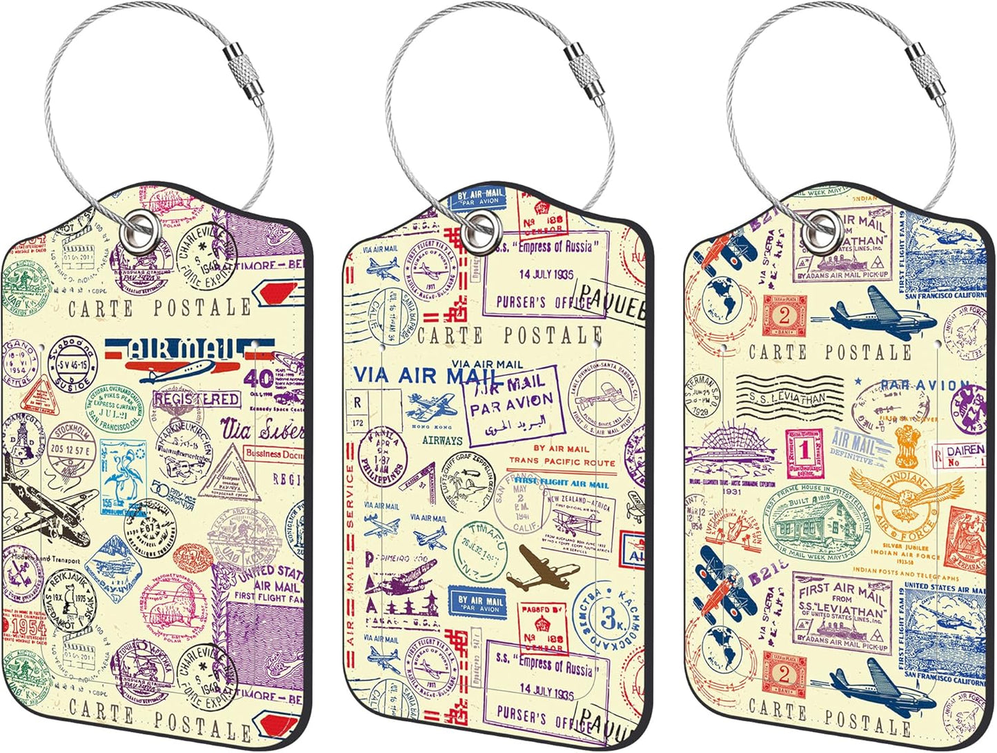 3 Pack Luggage Tag for Suitcase Vintage Travel Stamp Leather Travel Cruise Luggage Tag with Stainless Steel Loop Name ID Label Privacy Cover for Adults Teens Travel Bag Labels Set