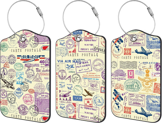 3 Pack Luggage Tag for Suitcase Vintage Travel Stamp Leather Travel Cruise Luggage Tag with Stainless Steel Loop Name ID Label Privacy Cover for Adults Teens Travel Bag Labels Set