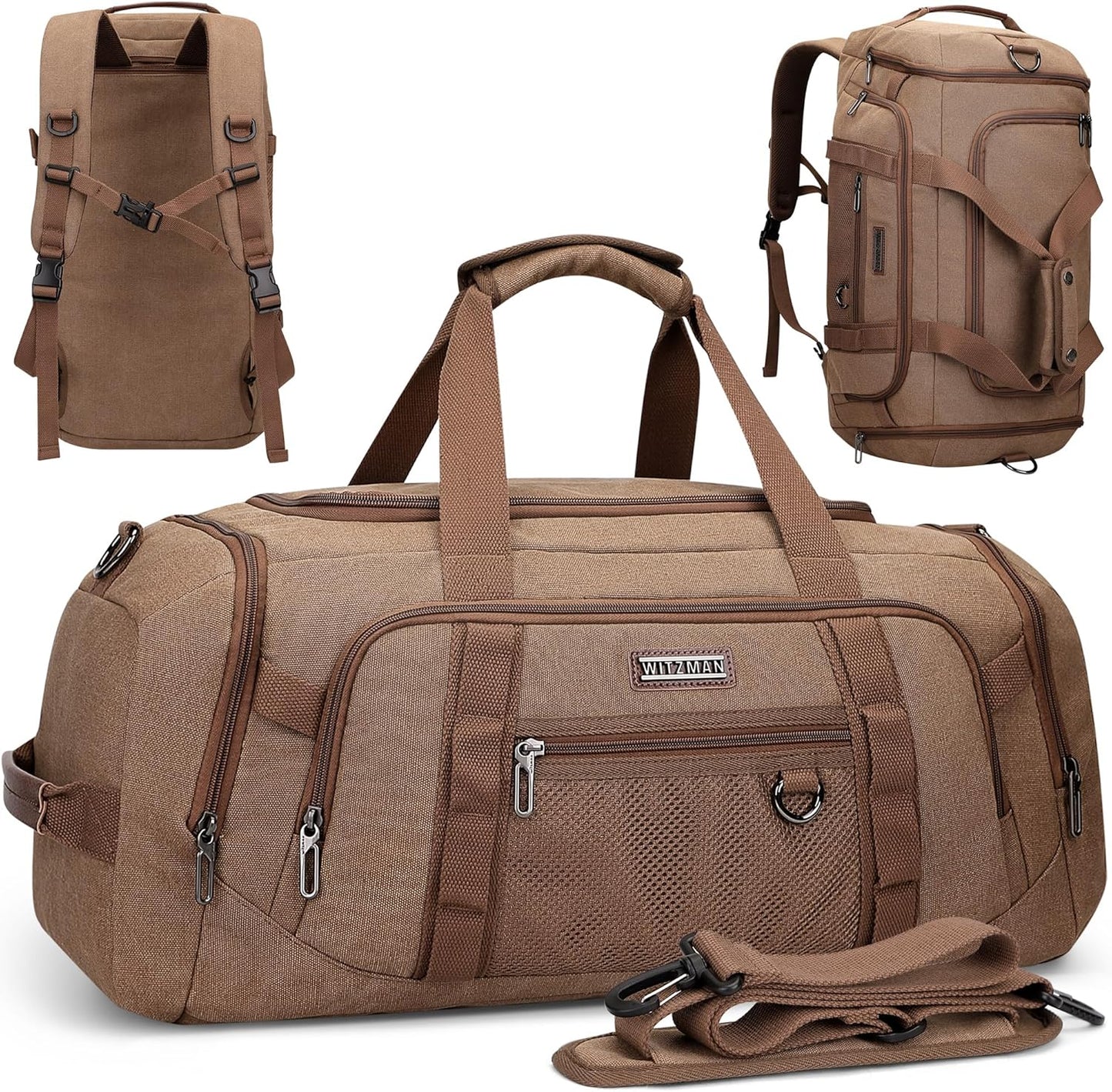 WITZMAN Canvas Duffel Bags for Men Traveling 3 in 1 Backpack Carry-on 40L Weekender Overnight Bag with Shoe Compartment(A8006/2 Brown)