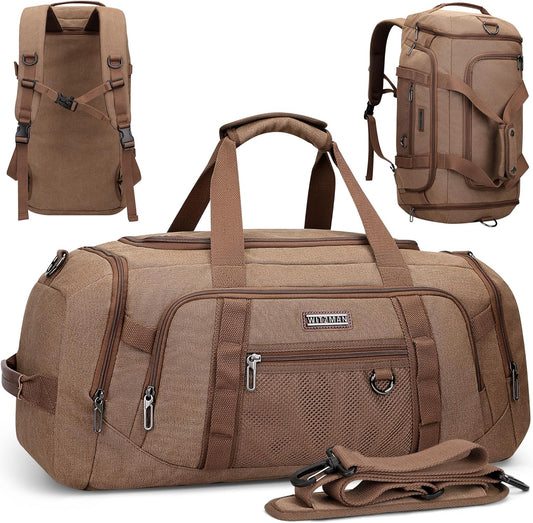 WITZMAN Canvas Duffel Bags for Men Traveling 3 in 1 Backpack Carry-on 40L Weekender Overnight Bag with Shoe Compartment(A8006/2 Brown)