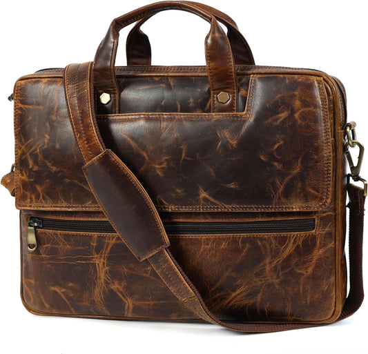 Mens Laptop Bag 16 Inch Waterproof Vintage Leather Shoulder Office Crossbody Bag With Ajustable Straps Metal Grip