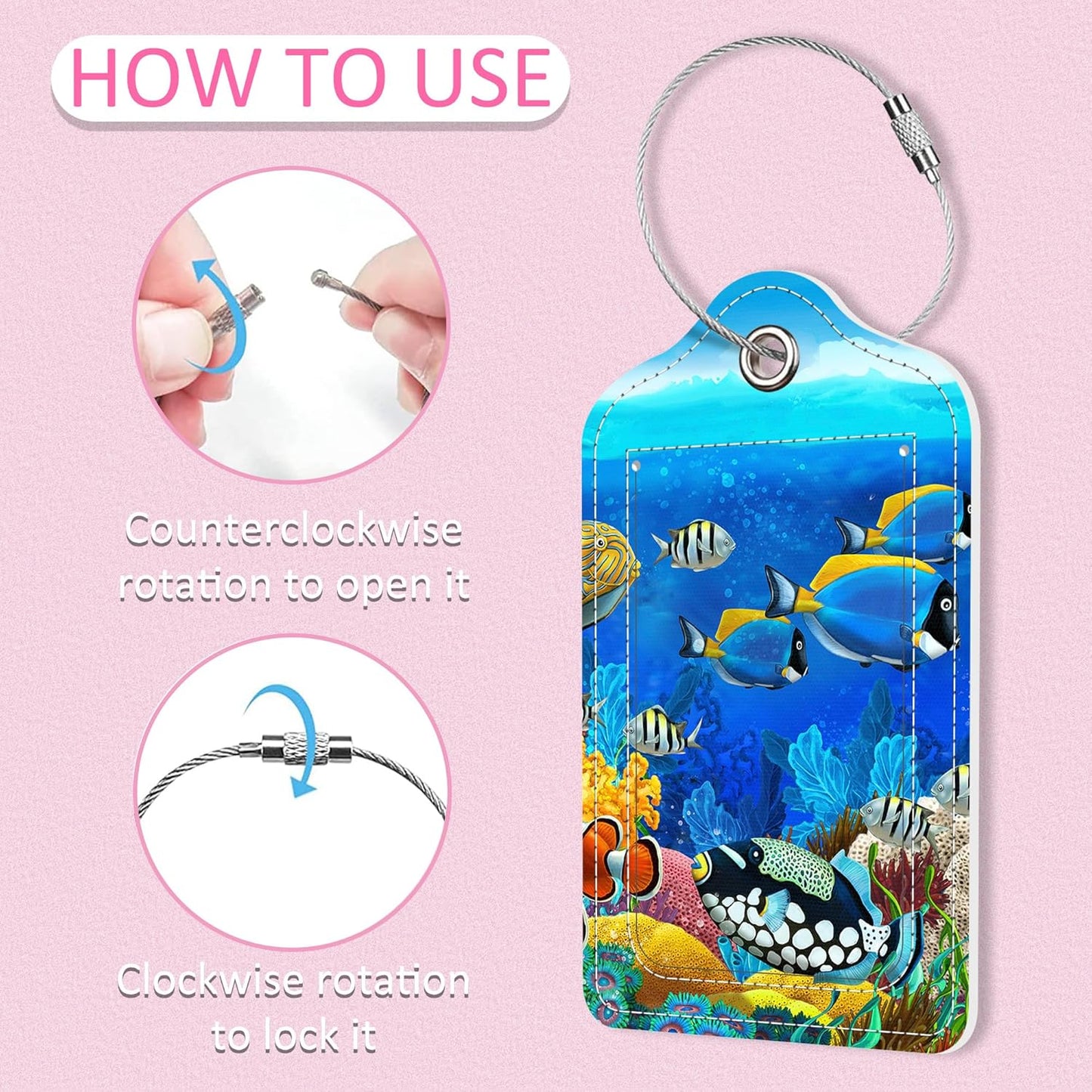 Luggage Tags for Suitcase,2 Pack Tropical Fish Luggage Tag,PU Leather Id Label Luggage Tags with Stainless Steel Loop and Privacy Cover for Women Men Teens Travel
