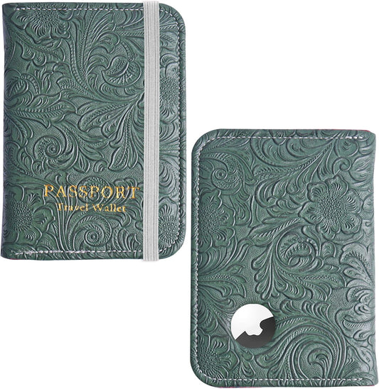 lizimandu Passport Holder with Airtag Slot, Airtag Passport Wallet for Men Women, Slim Leather Passport Holder Case Family for Travel Anti-Lost(1-Carved Grren)