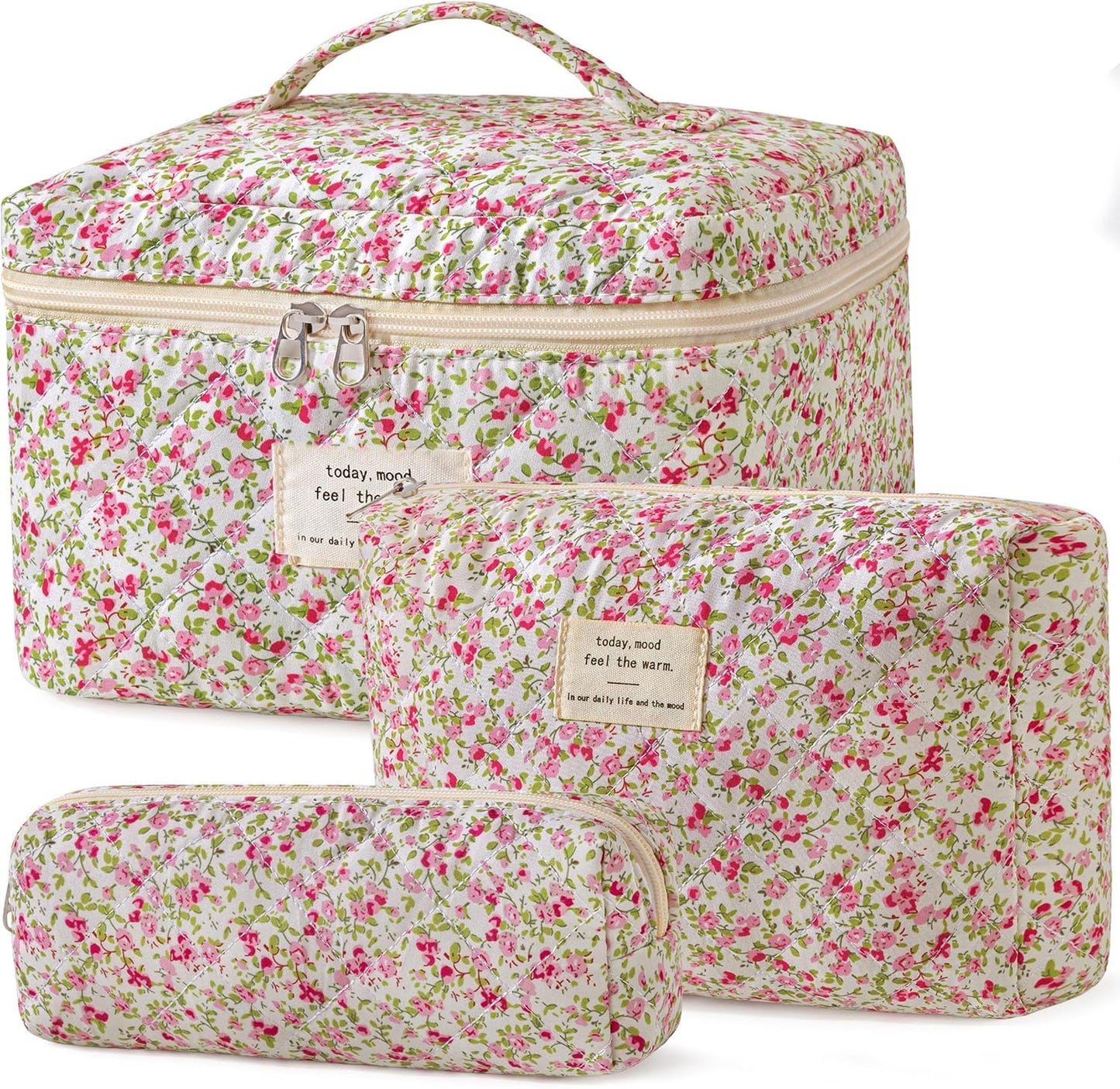 HBselect Quilted Makeup Bag, 3PCS Cotton Large Travel Makeup Bag, Cute Floral Coquette Make up Bag Cosmetic Bag Toiletry Bag for Women Girls